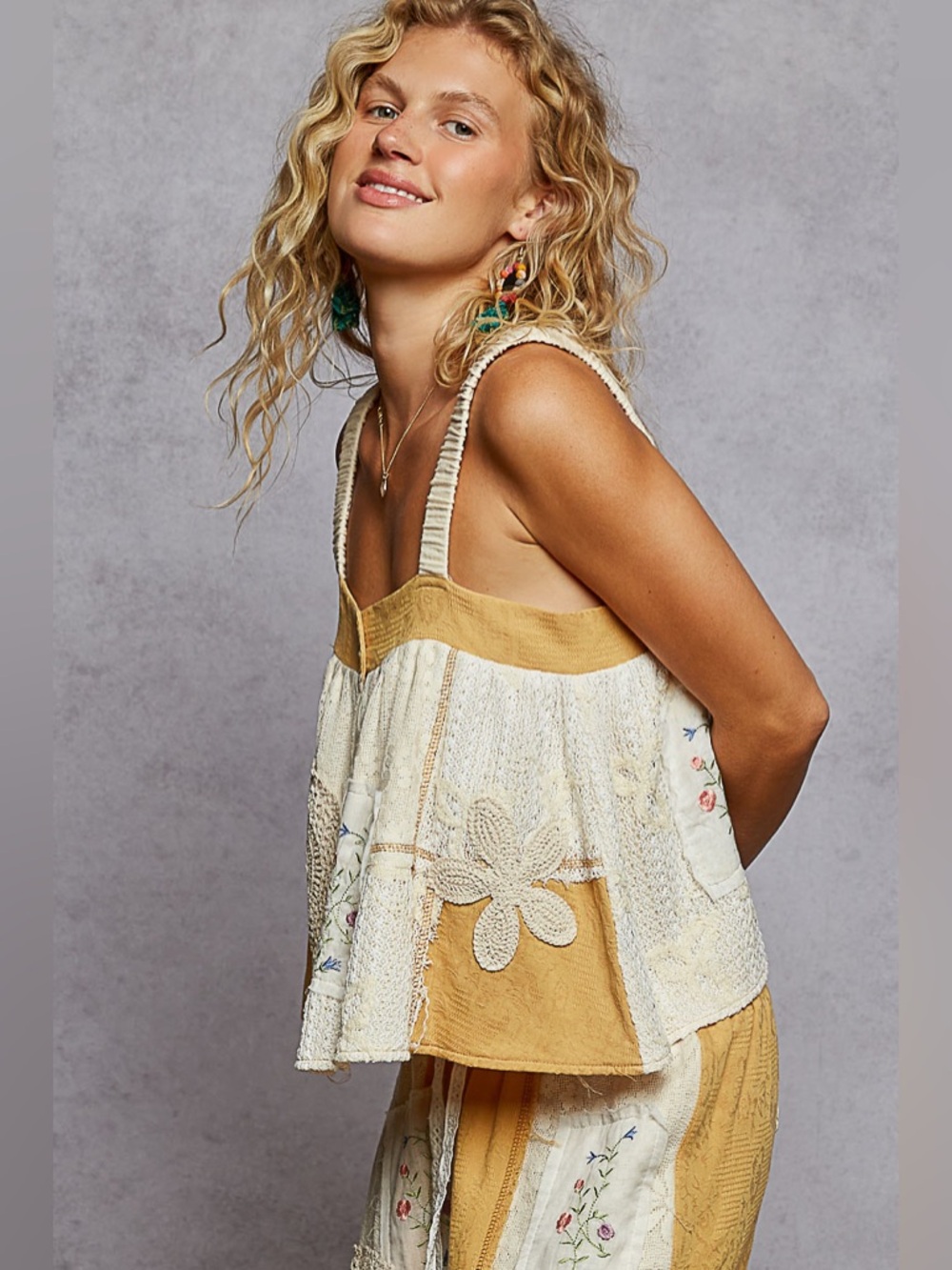 POL Patchwork Cream and Mustard Top and Wide-Leg pant set - Picture 7 of 12